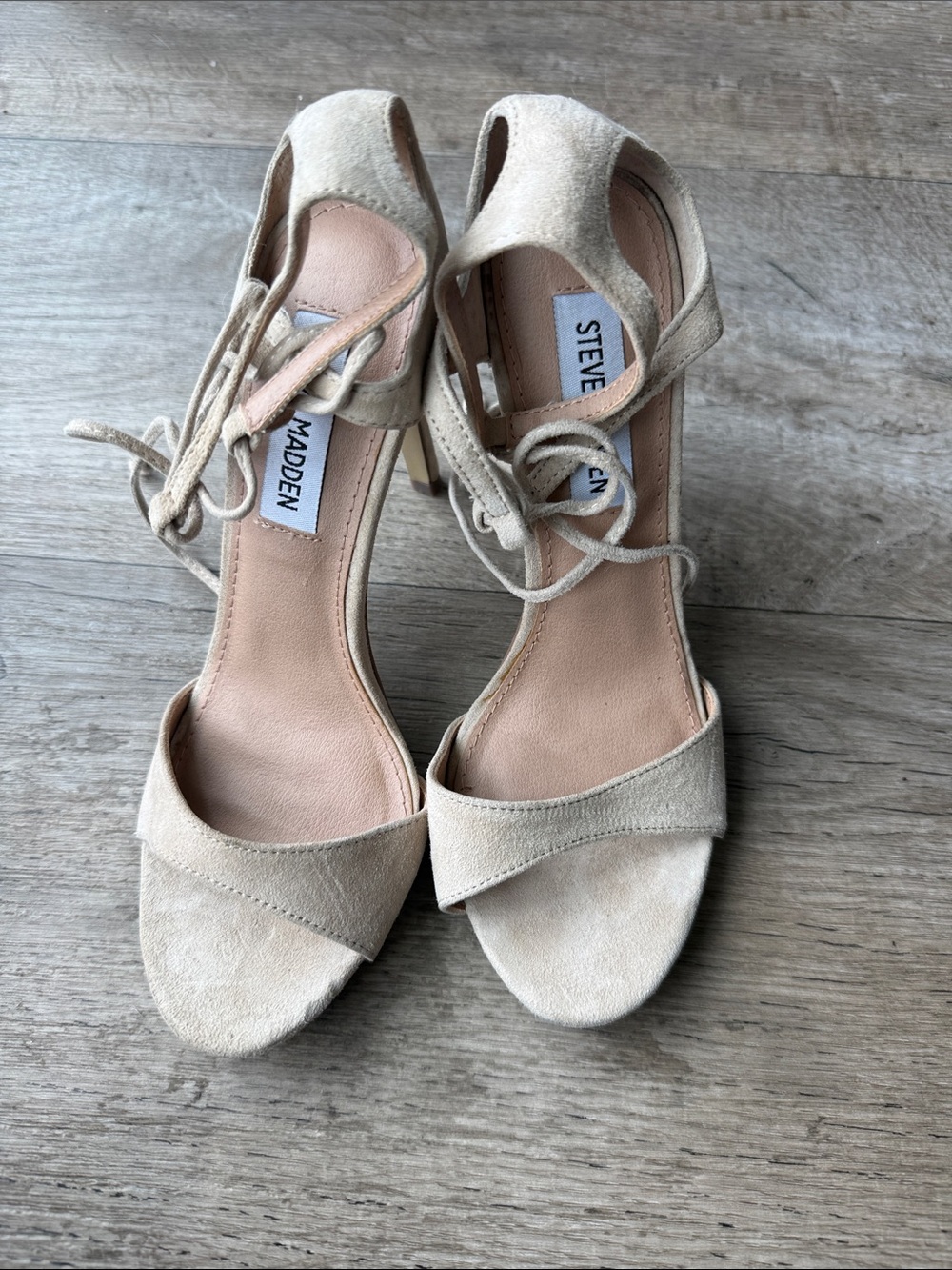 Steve Madden Light Beige Suede Lace-Up Block Heel Sandals